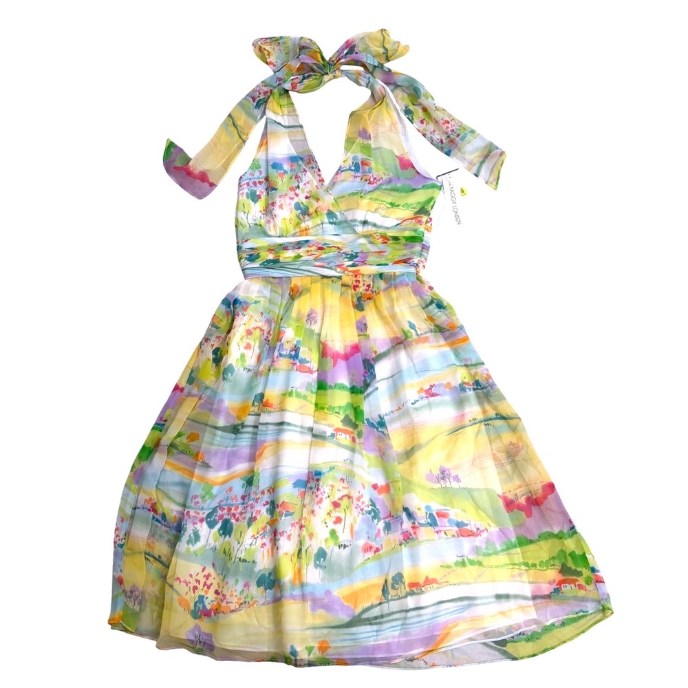 Maggy London Silk Halter Dress Watercolor Landscape Print Yellow Green Sz 4 NWT